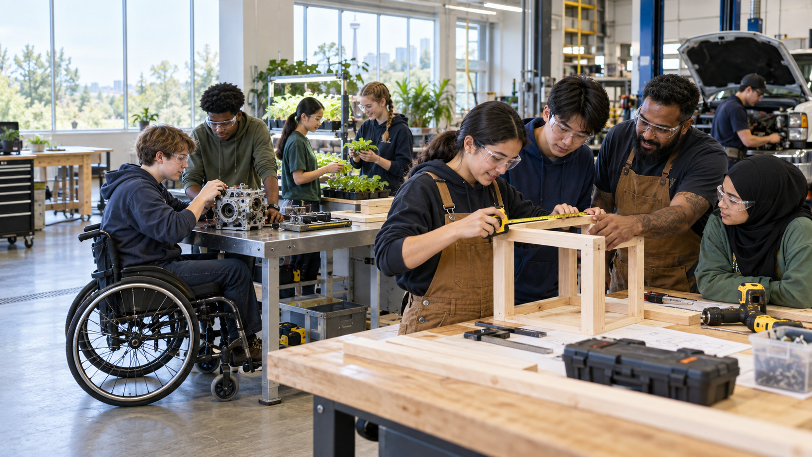 A diverse group of young people participating together in hands-on skilled-trades activities with a trades mentor.